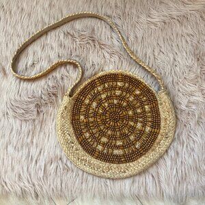 Large Boho Hand-Beaded Rattan Circle Crossbody Bag | Made in India